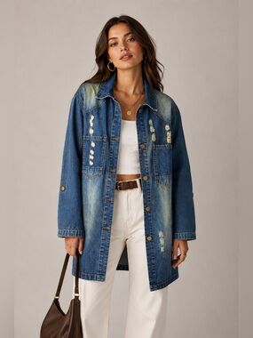 Long distressed denim woman’s lightweight jacket or Dress size M